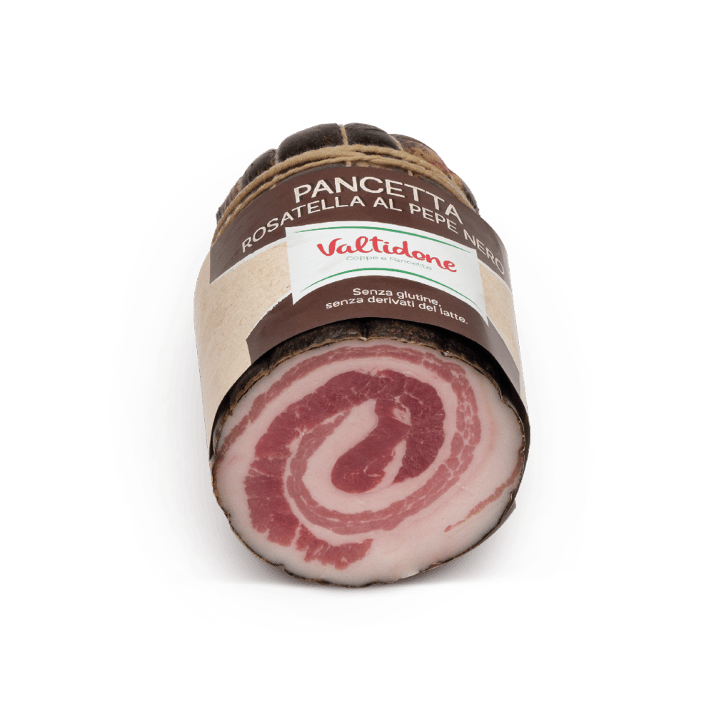 Pancetta Rosatella al pepe nero dimezzata Valtidone Salumi